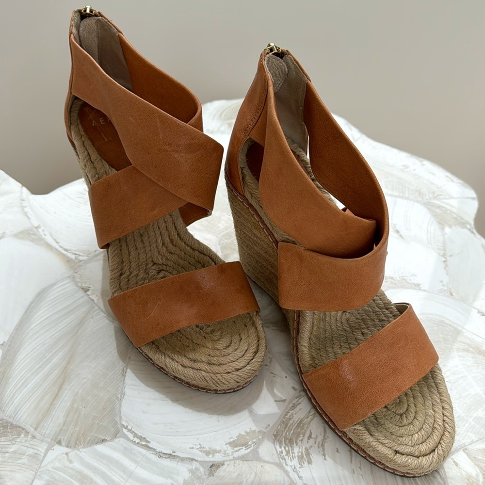 RARE Aerin Tan Real Leather Espadrille Wedge
